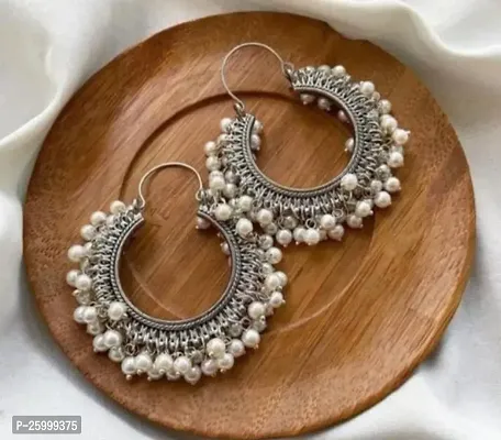 Silver Oxidised White Pearl Earrings