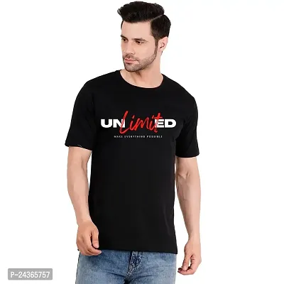 Men's Round Neck Cotton Blend Half Sleeve T-Shirts Black Printed