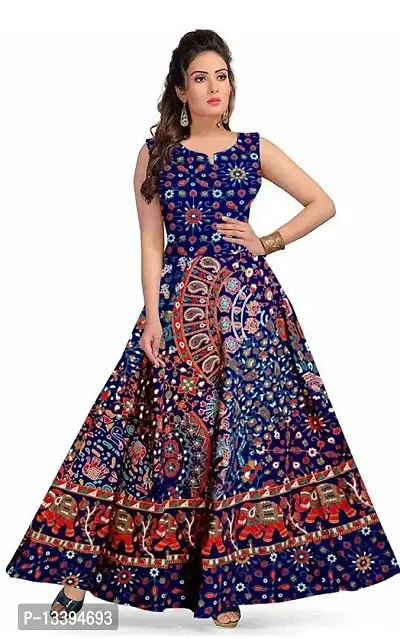 Roll On Women's Cotton Dress Jaipuri Sanganeri Print Midi Long Dress Cotton Printed Flare Maxi Dress A-Line Cotton Gown Dress Maxi Skirt, Mandala Rajasthani Hand Block (Free Size) (Navy Blue-03)-thumb0