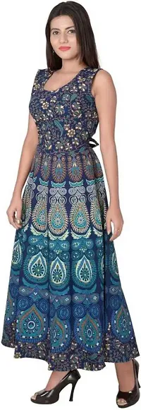 Trendy Cotton Blue Printed Sleeveless Casual Gown For Women-thumb1
