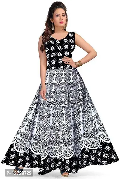 Trendy Cotton Black Printed Sleeveless Casual Gown For Women-thumb0