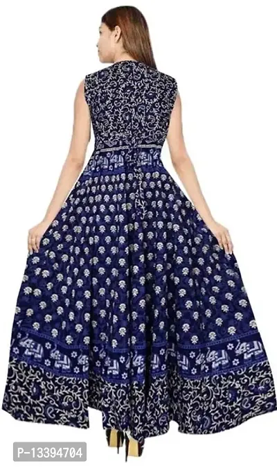 Roll On Women's Cotton Dress Jaipuri Sanganeri Print Midi Long Dress Cotton Printed Flare Maxi Dress A-Line Cotton Gown Dress Maxi Skirt, Mandala Rajasthani Hand Block (Free Size) (Navy Blue-01),2XL-thumb2