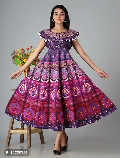 Trendy Cotton Purple Printed Sleeveless Casual Gown For Women
