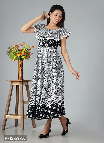 Trendy Cotton Black Printed Sleeveless Casual Gown For Women-thumb3