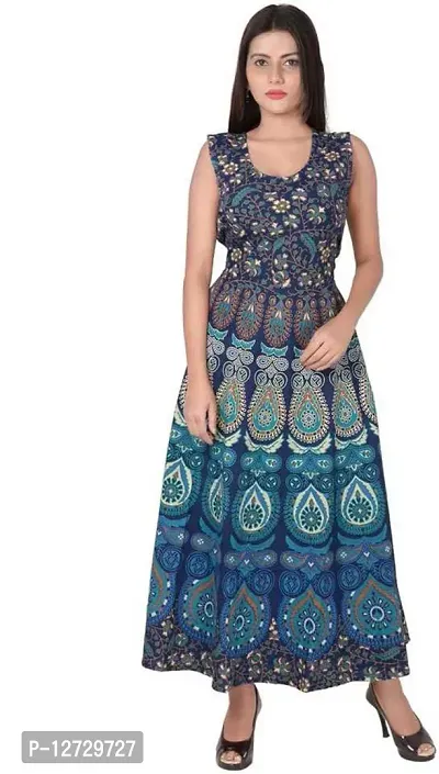 Trendy Cotton Blue Printed Sleeveless Casual Gown For Women-thumb0