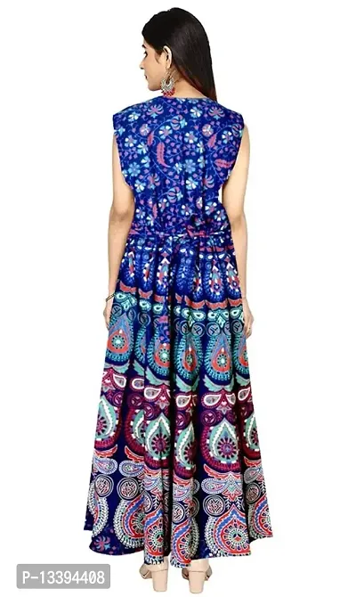 Roll On Women's Cotton Dress Jaipuri Sanganeri Print Midi Long Dress Cotton Printed Flare Maxi Dress A-Line Cotton Gown Dress Maxi Skirt, Mandala Rajasthani Hand Block (Free Size) (Navy Blue-02), 2XL-thumb2