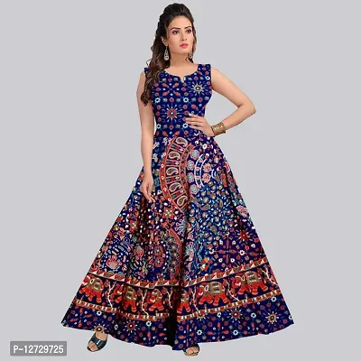 Trendy Cotton Navy Blue Printed Sleeveless Casual Gown For Women