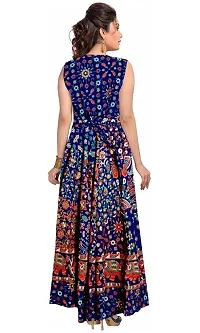 Roll On Women's Cotton Dress Jaipuri Sanganeri Print Midi Long Dress Cotton Printed Flare Maxi Dress A-Line Cotton Gown Dress Maxi Skirt, Mandala Rajasthani Hand Block (Free Size) (Navy Blue-03)-thumb1