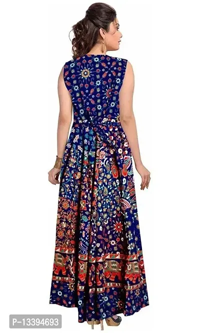 Roll On Women's Cotton Dress Jaipuri Sanganeri Print Midi Long Dress Cotton Printed Flare Maxi Dress A-Line Cotton Gown Dress Maxi Skirt, Mandala Rajasthani Hand Block (Free Size) (Navy Blue-03)-thumb2