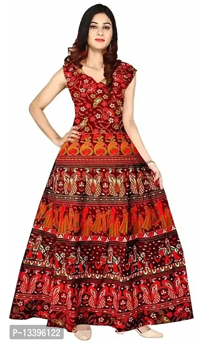 Roll On Women's Cotton Dress Jaipuri Sanganeri Print Midi Long Dress Cotton Printed Flare Maxi Dress A-Line Cotton Gown Dress Maxi Skirt, Mandala Rajasthani Hand Block (Free Size) (Red-02),2XL-thumb0