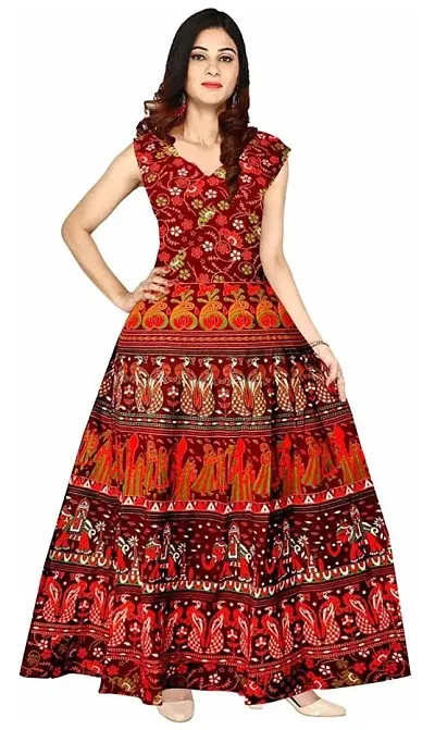 Roll On Women's Cotton Dress Jaipuri Sanganeri Print Midi Long Dress Cotton Printed Flare Maxi Dress A-Line Cotton Gown Dress Maxi Skirt, Mandala Rajasthani Hand Block (Free Size) (Red-02),2XL
