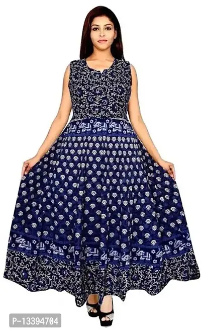 Roll On Women's Cotton Dress Jaipuri Sanganeri Print Midi Long Dress Cotton Printed Flare Maxi Dress A-Line Cotton Gown Dress Maxi Skirt, Mandala Rajasthani Hand Block (Free Size) (Navy Blue-01),2XL-thumb0