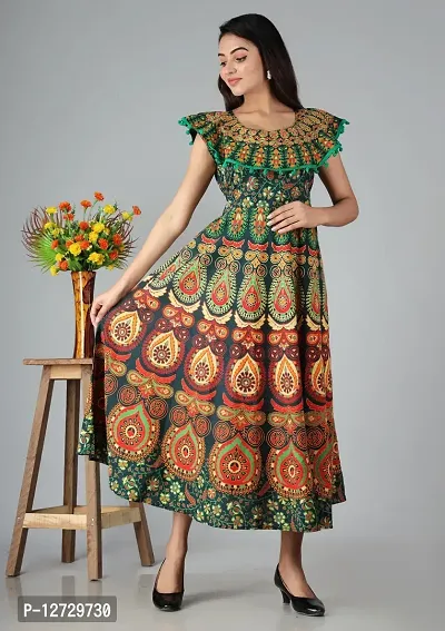 Trendy Cotton Green Printed Sleeveless Casual Gown For Women-thumb4