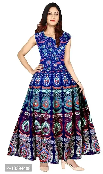 Roll On Women's Cotton Dress Jaipuri Sanganeri Print Midi Long Dress Cotton Printed Flare Maxi Dress A-Line Cotton Gown Dress Maxi Skirt, Mandala Rajasthani Hand Block (Free Size) (Navy Blue-02), 2XL-thumb0