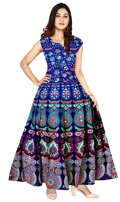 Roll On Women's Cotton Dress Jaipuri Sanganeri Print Midi Long Dress Cotton Printed Flare Maxi Dress A-Line Cotton Gown Dress Maxi Skirt, Mandala Rajasthani Hand Block (Free Size) (Navy Blue-02), 2XL