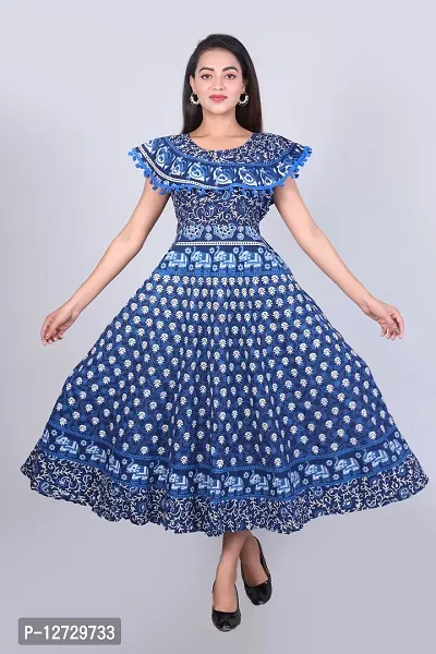 Trendy Cotton Blue Printed Sleeveless Casual Gown For Women