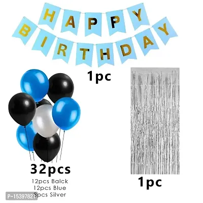 Blue and Gold Birthday Banner, Black Balloon, Metallic Silver Balloon, Blue Balloon For Birthday Theme Party Decoration Kids,Boys-thumb2