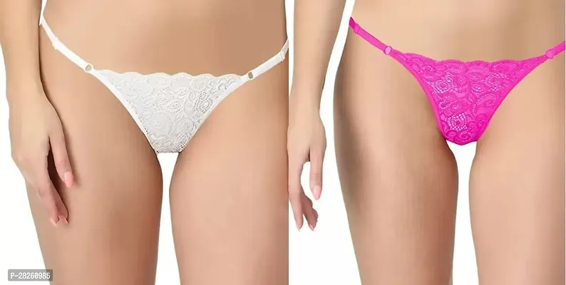 Elegant Lace Self Pattern Thongs For Women- Pack Of 2-thumb0