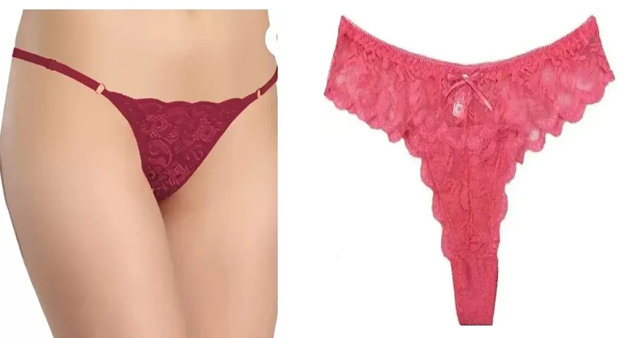 Elegant Lace Self Pattern Thongs For Women- Pack Of 2