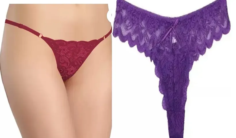 Elegant Lace Self Pattern Thongs For Women- Pack Of 2