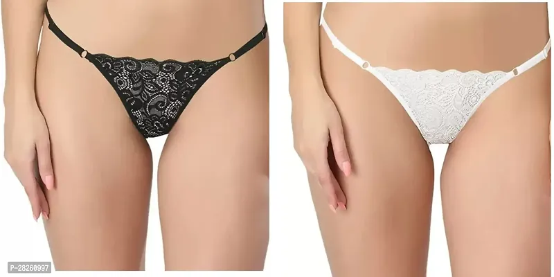 Elegant Lace Self Pattern Thongs For Women- Pack Of 2-thumb0