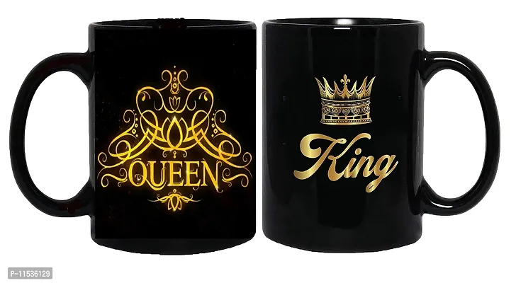 The NK Store King and Queen Printed Coffee/Tea Mug, Ideal Gift for Couple, Girlfriend/Boyfriend, and Wife/Husband - 330ml (Set of 2) (Black Mug)