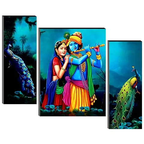 Masstone UV Laminated Radha Krushnas with Peacock Wall Art, Multicolor, Floral, 12 x 18 Inch, Digital Reprint, Set of 3