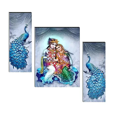 Masstone UV Laminated Radhe Krushna with Peacock Wall Art, Multicolor, Floral, 12 x 18 Inch, Digital Reprint, Set of 3