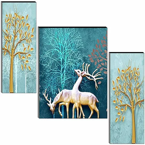 Masstone UV Laminated Wildlife Reindeer in Forest Wall Art, Multicolor, Floral, 12 x 18 Inch, Digital Reprint, Set of 3