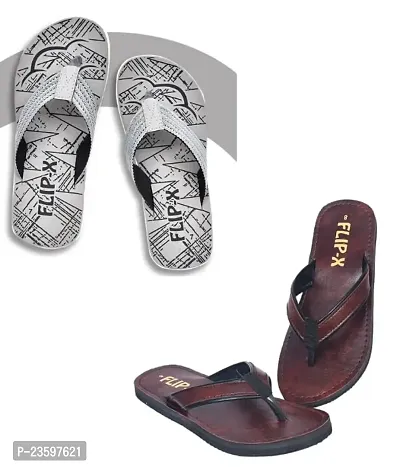 LEACO Men's Premium Slipper Combo - Set of 2 by FLIP X | Comfort and Style (Grey  Cherry, 8)-thumb4