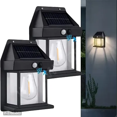 Solar Wall Lights Outdoor,Wireless Dusk to Dawn Porch Lights Fixture,Solar Wall Lantern with 3 ModesMotion Sensor,Waterproof Exterior Lighting with Clear Panel for Entryway (2 Pack-Black)-thumb0