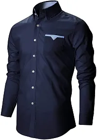 Mens Navy Blue Cotton Solid Long Sleeves Tailored Fit Casual Shirt-thumb1