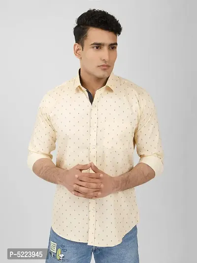 Beige Printed Slim Fit Casual Shirt for Men - 100% Cotton, Full Sleeves, Spread Collar