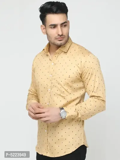 Beige Printed Slim Fit Casual Shirt for Men - 100% Cotton, Full Sleeves, Spread Collar
