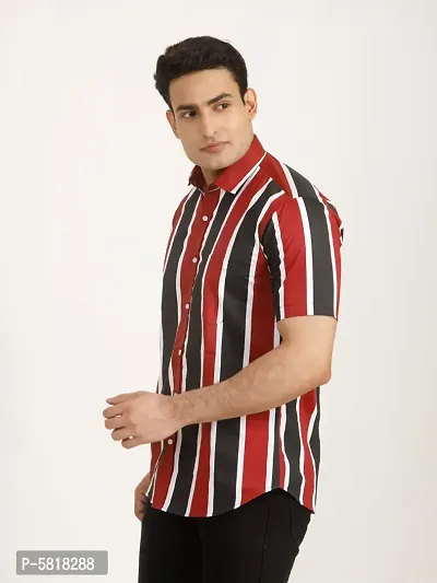 Black And Red Striped Tailored Fit Casual Shirt For Men - Cotton, Half Sleeves, Spread Collar-thumb2