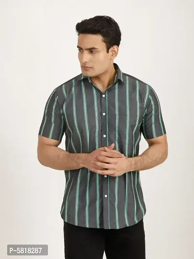 Black And Green Striped Tailored Fit Casual Shirt For Men - Cotton, Half Sleeves, Spread Collar