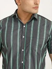 Black And Green Striped Tailored Fit Casual Shirt For Men - Cotton, Half Sleeves, Spread Collar-thumb3