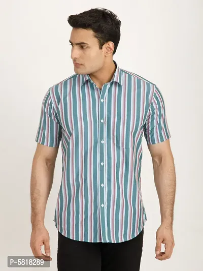 Green And Pink Striped Tailored Fit Casual Shirt For Men - Cotton, Half Sleeves, Spread Collar