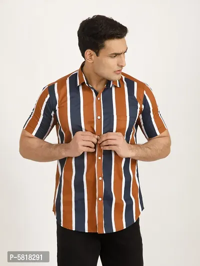 Navy Blue And Orange Striped Tailored Fit Casual Shirt For Men - Cotton, Half Sleeves, Spread Collar