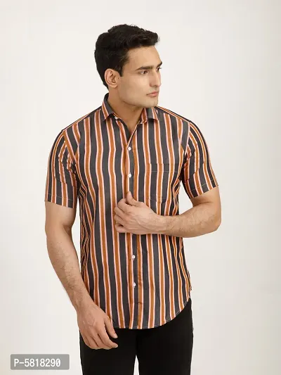 Grey And Orange Striped Tailored Fit Casual Shirt For Men - Cotton, Half Sleeves, Spread Collar