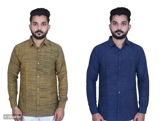 Reliable Multicoloured Khadi Cotton Solid Long Sleeves Casual Shirt For Men Pack Of 2-thumb0