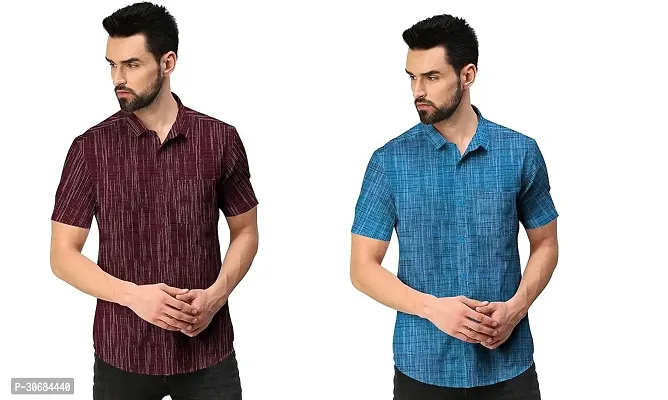 Reliable Multicoloured Khadi Cotton Solid Short Sleeves Casual Shirt For Men Pack Of 2-thumb0