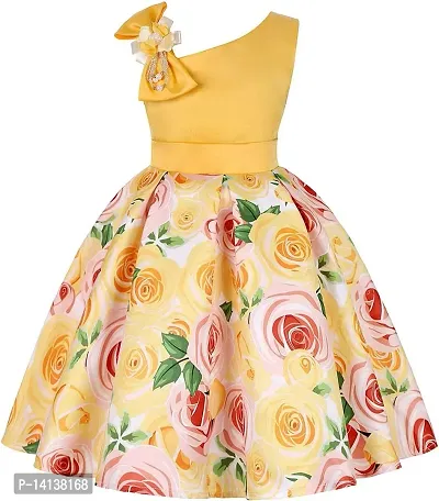 Fabulous Yellow Satin Printed A-Line Dress For Girls