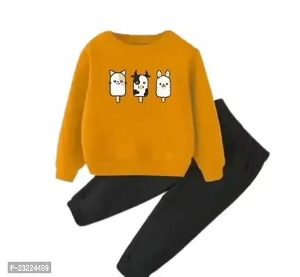 Haresh Fashion Kid's Fancy Lycra Blend Full Sleeve T-Shirt Cute Cats Print Regular Fit Pant Modern Combo Set (Yellow) Size:-4-5 year