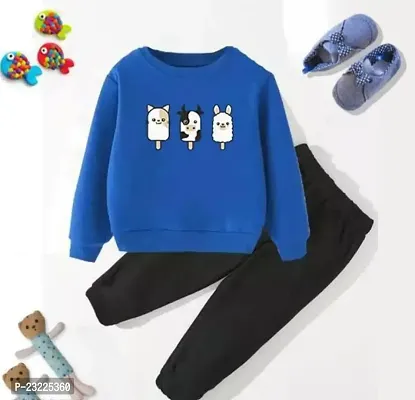 Haresh Fashion Kid's Fancy Lycra Blend Full Sleeve T-Shirt Cute Cats Print Regular Fit Pant Modern Combo Set (Blue) Size:-0-1 Year-thumb2