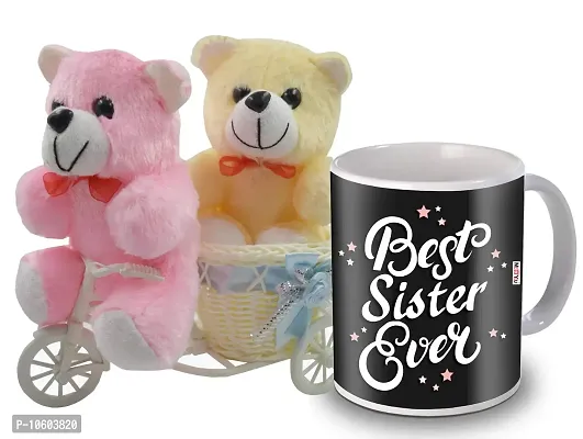 ME & YOU Gifts for Sister, Cycle Teddy with Printed Ceramic Mug Gift on her Birthday/Rakhi/Raksha Bandhan/Anniversary/Bhaidooj