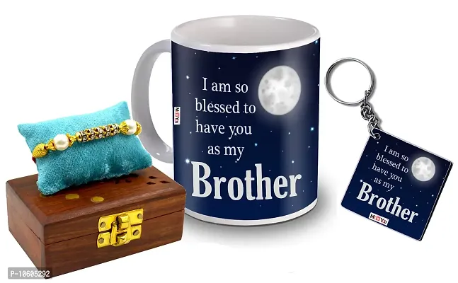 ME & YOU Raksha Bandhan Gift for Brother, Printed Ceramic Mug and MDF Keychain, Rakhi Set ( Multicolor)