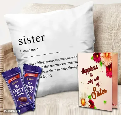 Midiron Chocolate Gift for Sister/Bahen/Sis | Rakhi Gift Hamper for Sister | Return Gift for sister on Raksha Bandhan | Gift for Little Sister with Chocolates, Greeting Card  Printed Cushion with Filler - 12*12 Inch