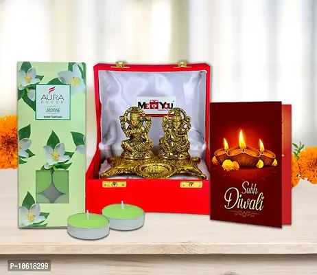 ME & YOU Diwali God Figurine Gift Hamper|Laxmi Ganesh Diwali Gifts Combo|Festive Combo with Laxmi Ganesh Diya Statue, Diwali Greeting Card & Tealight Scented Jasmine Fragrance Candle