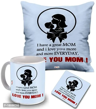 ME & YOU Printed Cushion with Ceramic Mug and MDF Coaster Gifts for Mother on her Birthday/Mother's Day/Anniversary/Women's Day